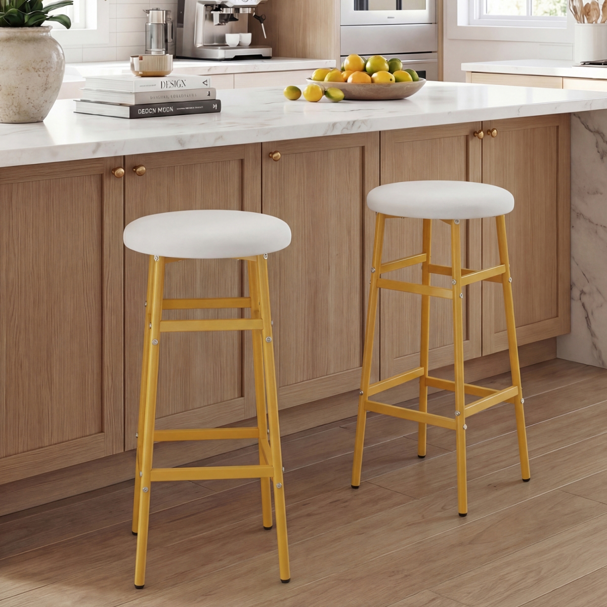 JV13445WH-2 Bar Stools with Sturdy Metal Frame & Footrest - White - Set of 2