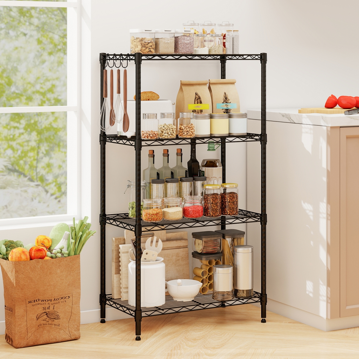 JV13577DK 4-Tier Metal Storage Shelving Unit with V-Shaped Wire Rack & 600 lbs Capacity - Black