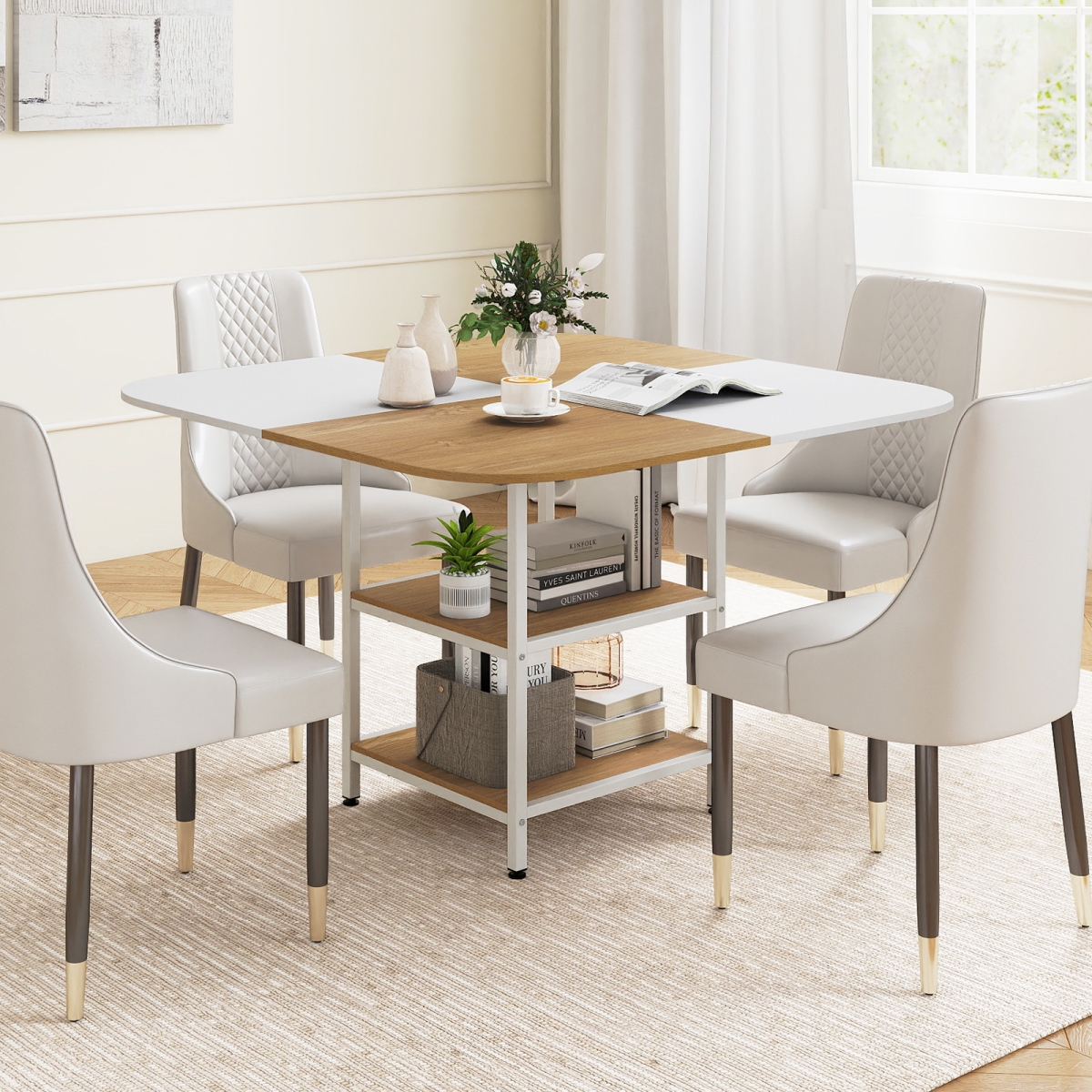 JV13602NA 47.5 in. Modern Square Kitchen Dining Table with Mix-Colored Tabletop - Natural