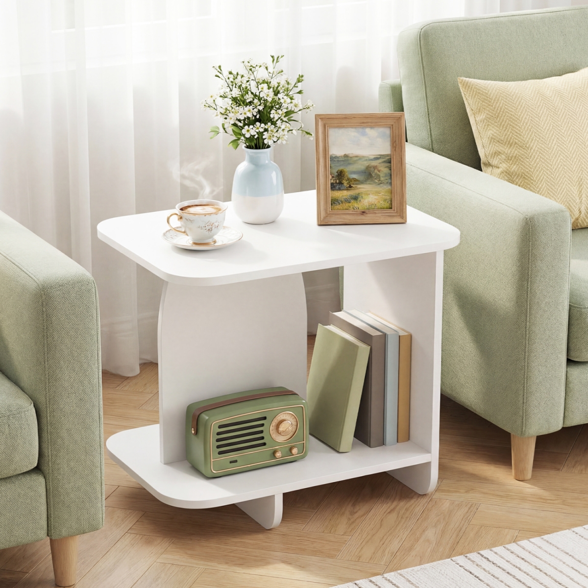 JV13608WH-1 End Table 2-Tier Sofa Side Table with Storage Shelf for Small Space - White