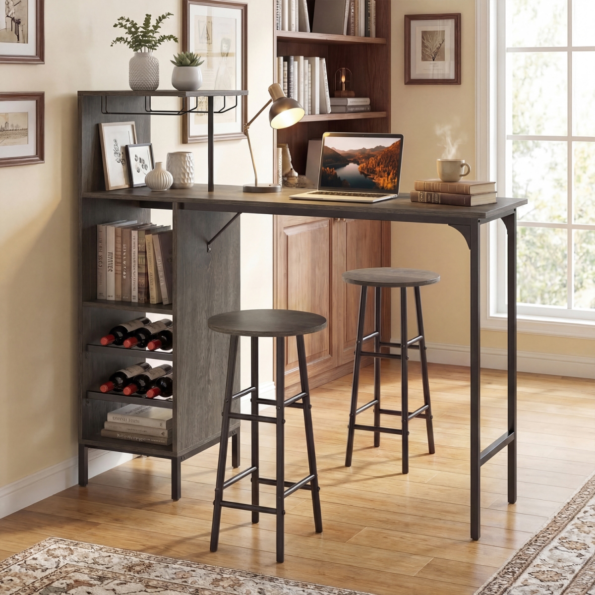 JV13610OA Bar Table & Chairs Set with 6-Bottle Wine Rack - Oak - 3 Piece