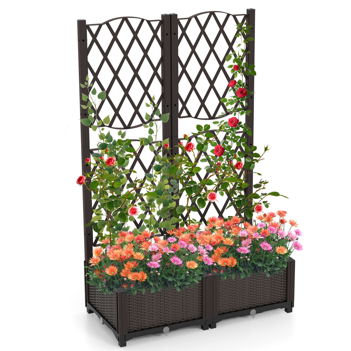 GT4324CF-2 PE Rattan Raised Garden Bed with Trellis Planter Box for Climbing Plants - Rustic Brown - Set of 2