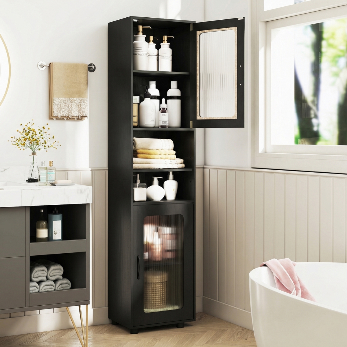 JV13276DK Tall Bathroom Storage Cabinet 67 in. Freestanding Organizer - Black