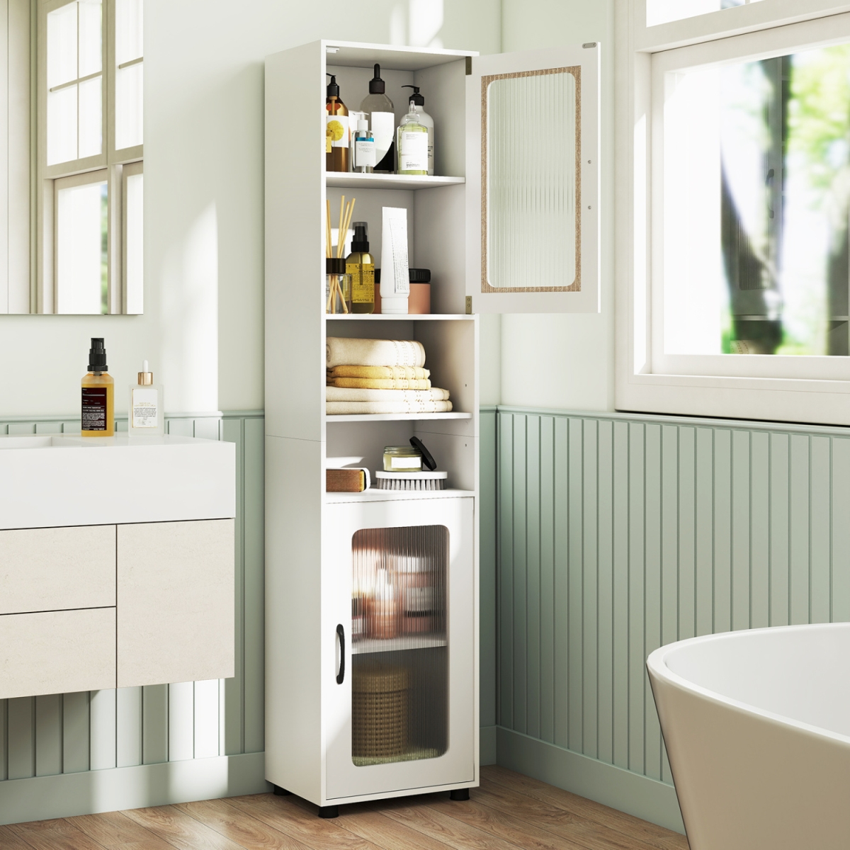 JV13276WH Tall Bathroom Storage Cabinet 67 in. Freestanding Organizer - White