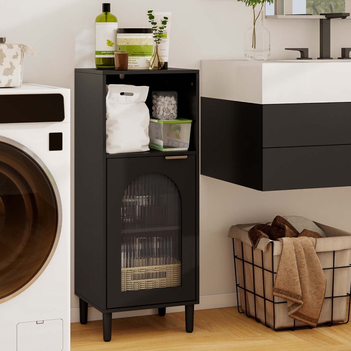 JV12697BK Bathroom Floor Cabinet Wood Side Storage Organizer with Adjustable Shelf - Black