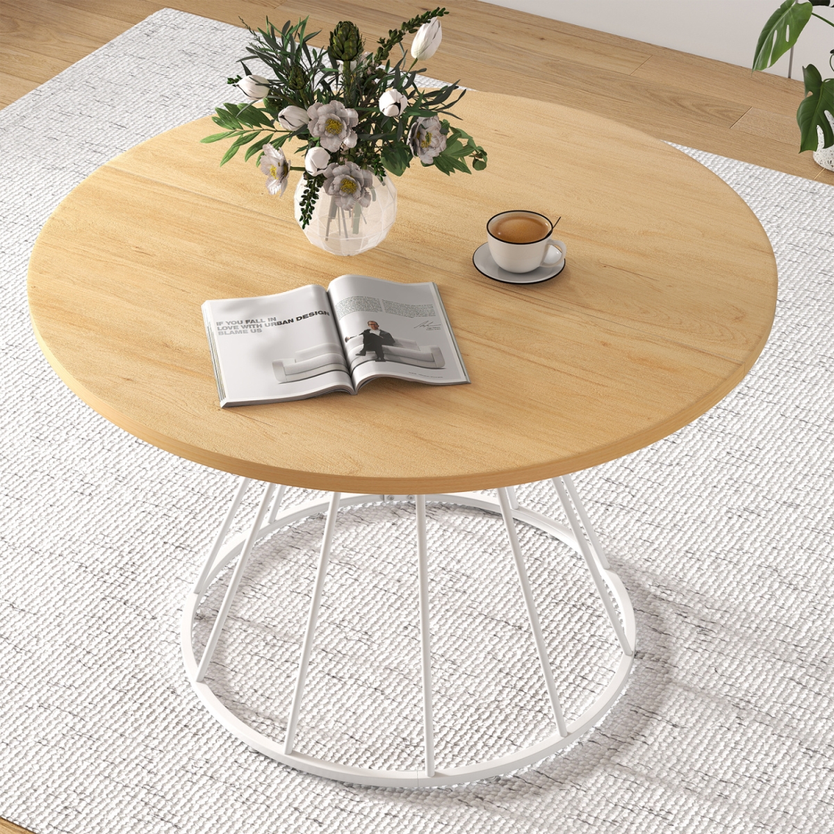 JV12781NA 47 in. Round Dining Table for 4 Farmhouse Kitchen Table with Wooden Tabletop - Natural