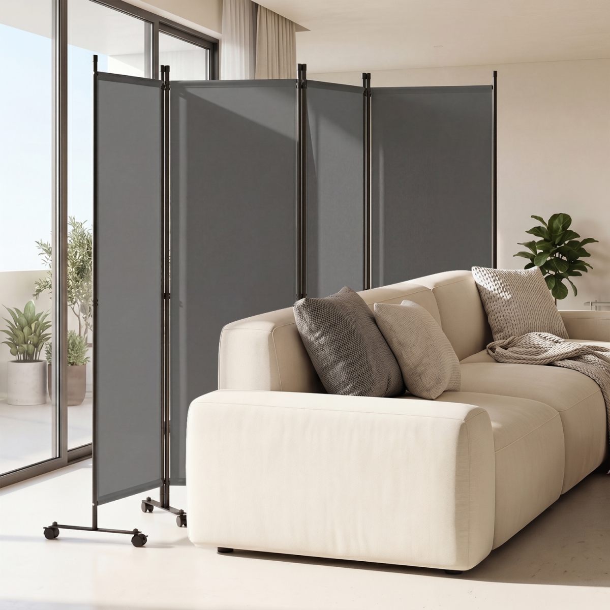 HV10994GR 4-Panel Room Divider with Lockable Wheels for Living Room - Gray