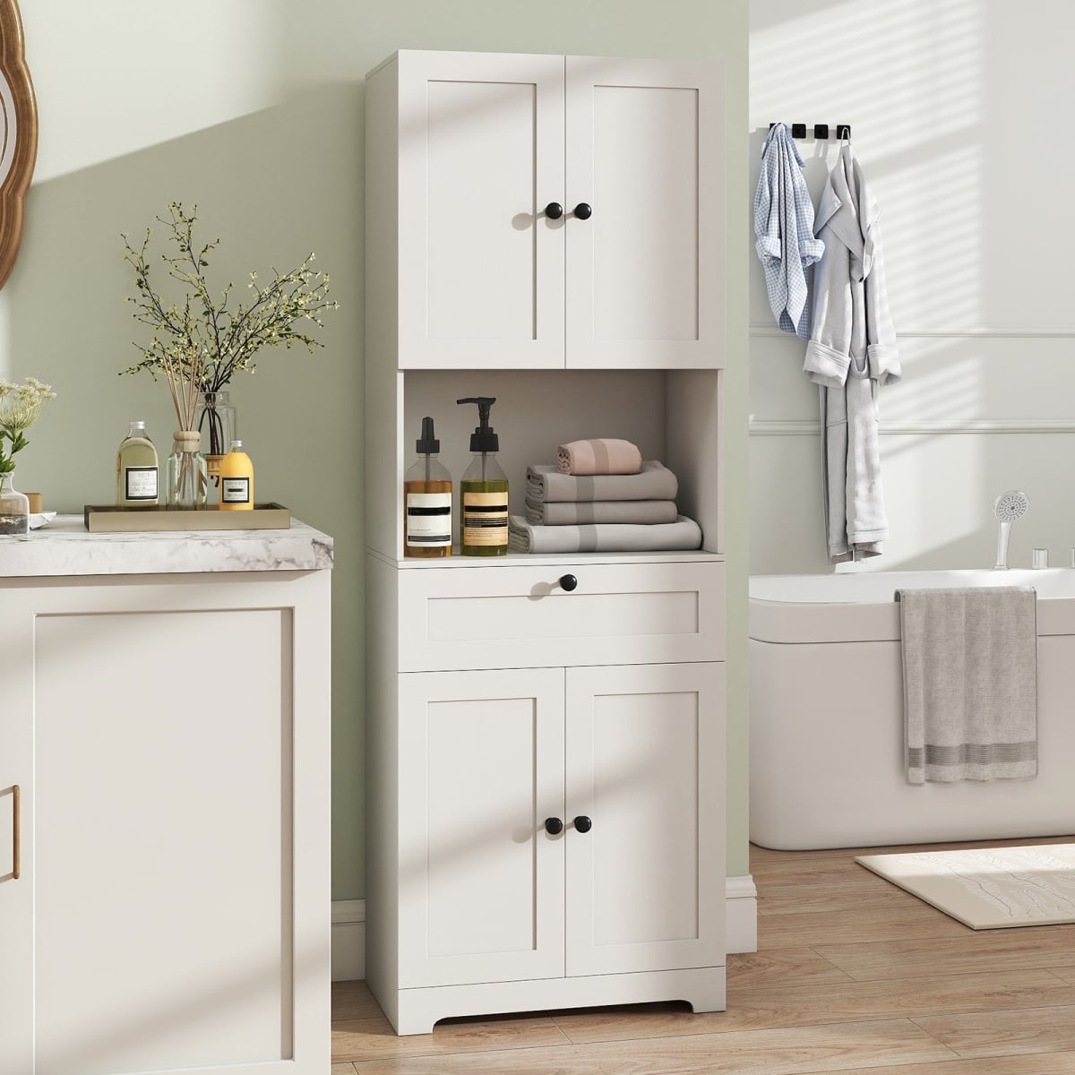 JV13231WH 67.5 in. Tall Modern Freestanding Floor Storage Cabinet with 4 Doors & 1 Drawer - White