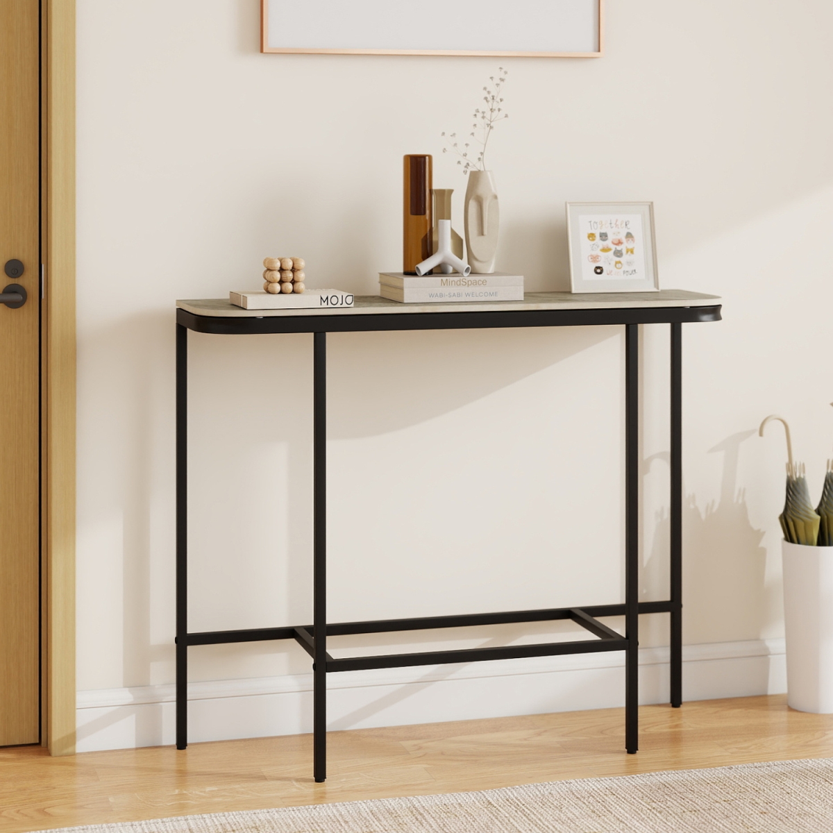 JV13278GR Console Table 44 in. Entryway Table with Faux Marble Tabletop & Heavy-Duty Metal Frame - Gray