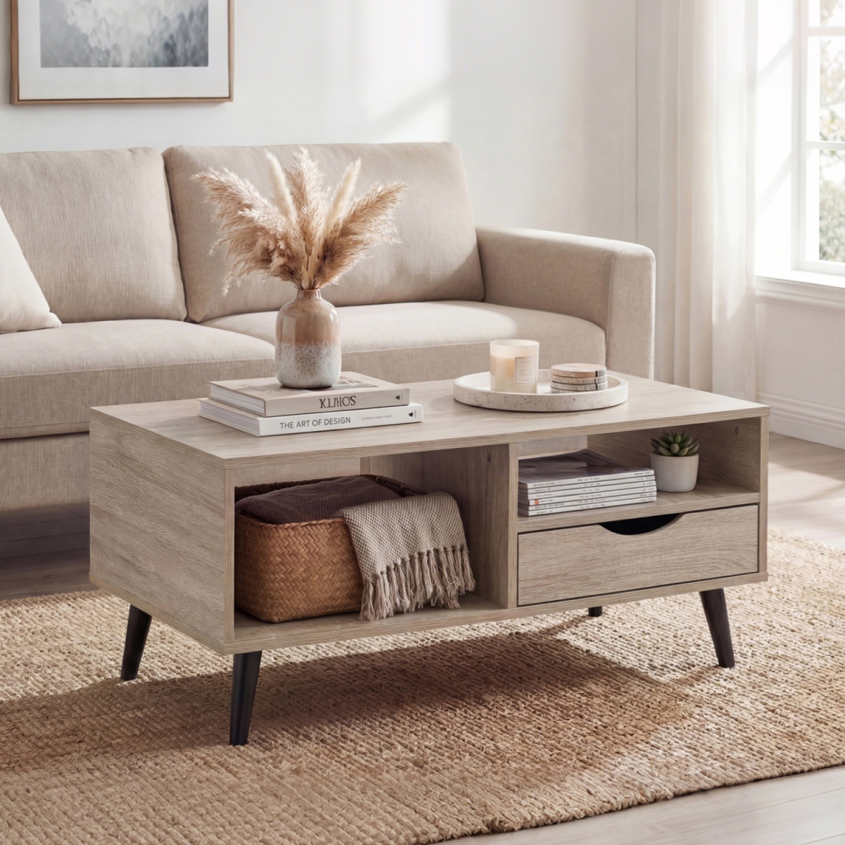 HV10998NA Coffee Table with Storage Rustic Rectangle Center Table - Natural