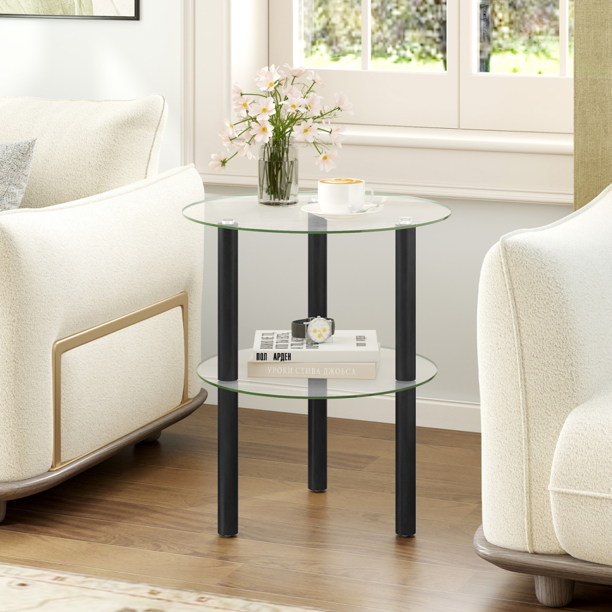 HV11062DK 2-Tier Round End Table with Clear Tempered Glass Top & Shelf - Black