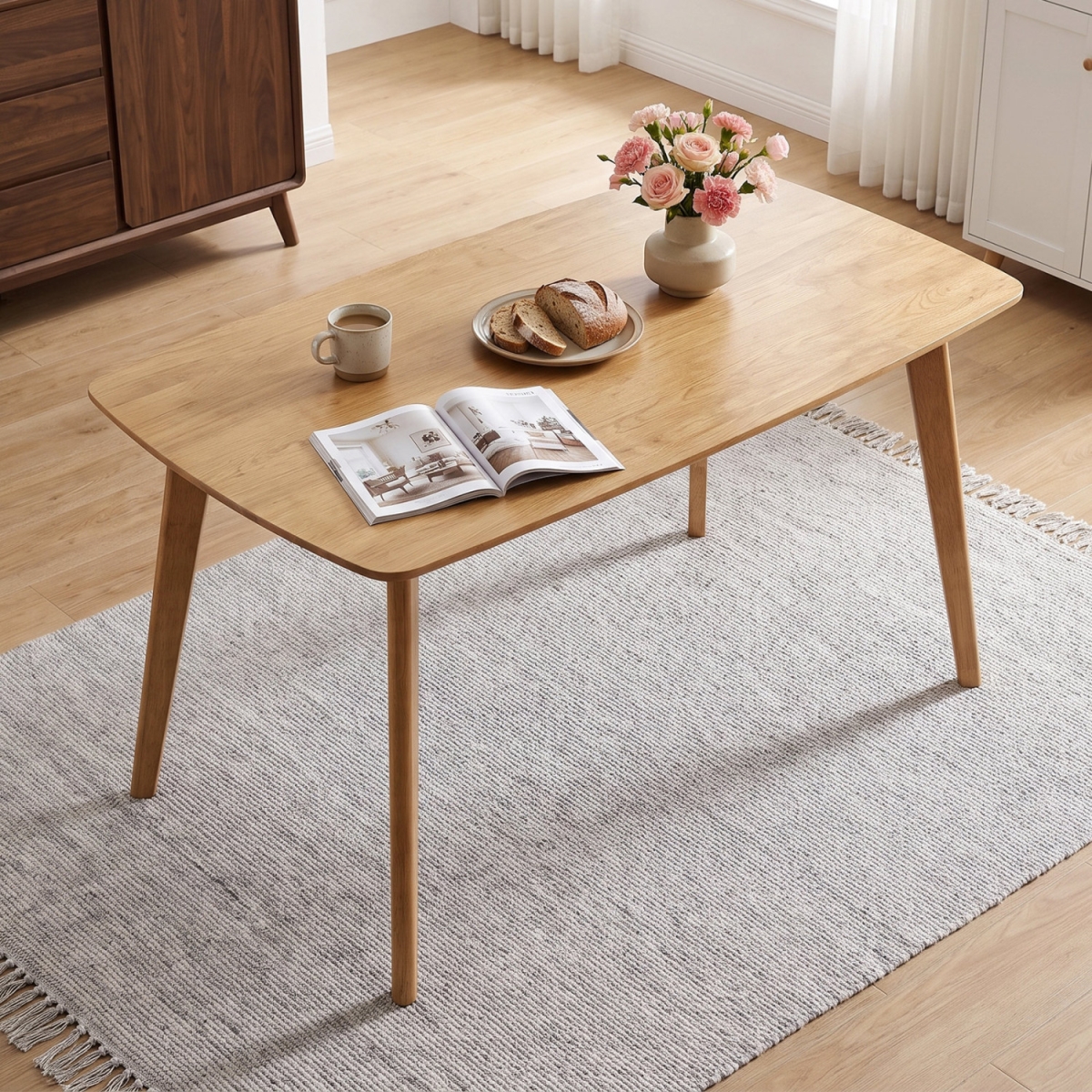 HV11092NA 55 in. Solid Wood Dining Table for 4-6 People with Rounded Edges - Natural