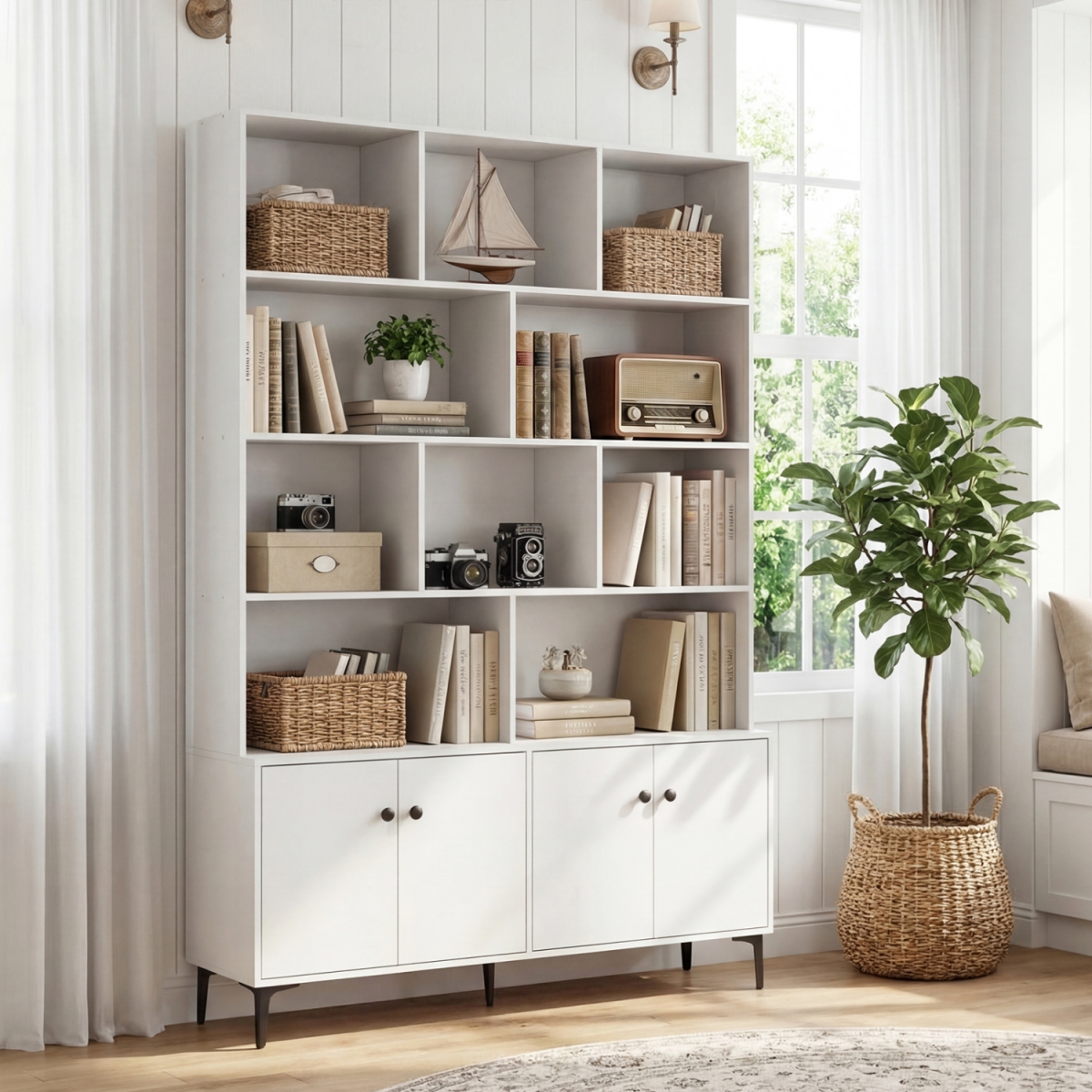 JV14269WH Bookshelf with 4 Doors & 2 Anti-Tipping Kits for Home Office - White