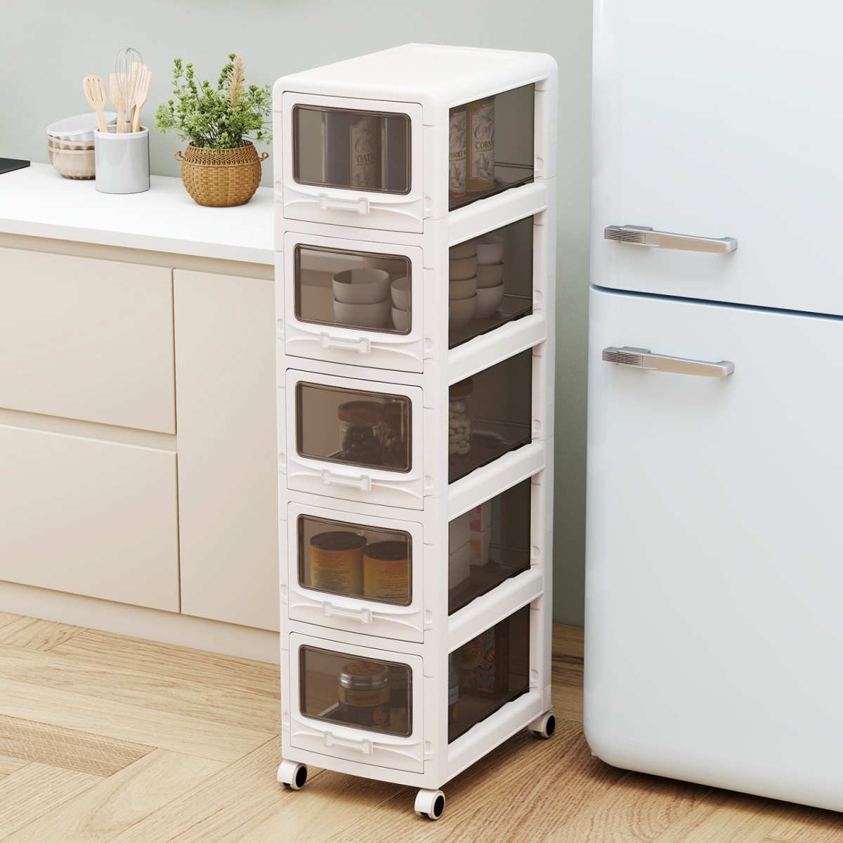 JV14286WH-5 5-Tier Plastic Drawer Storage Organizer Rolling Cart with 5 Drawers & Lockable Wheels