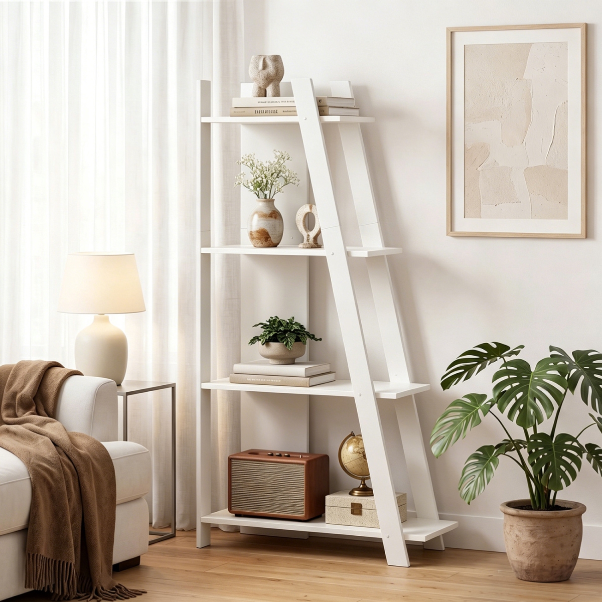 JV14447WH 4-Tier Modern Bookshelf Wooden Vertical Display Book Shelf for Small Space - White
