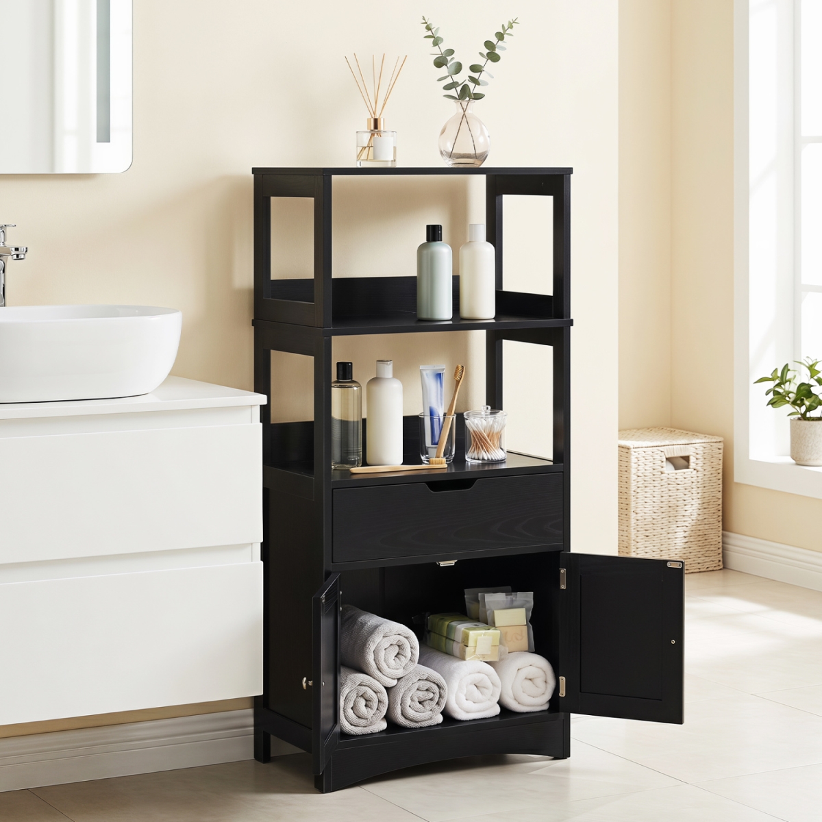 JV14478DK Bathroom Storage Cabinet with Open Shelves & Drawer - Black