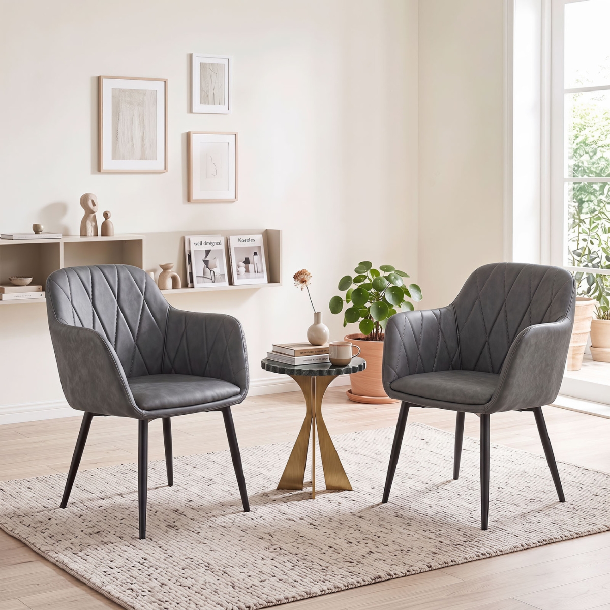 JV14482GR-2 Upholstered PU Leather Kitchen Chairs with Curved Back & Wide Seat - Gray - Set of 2