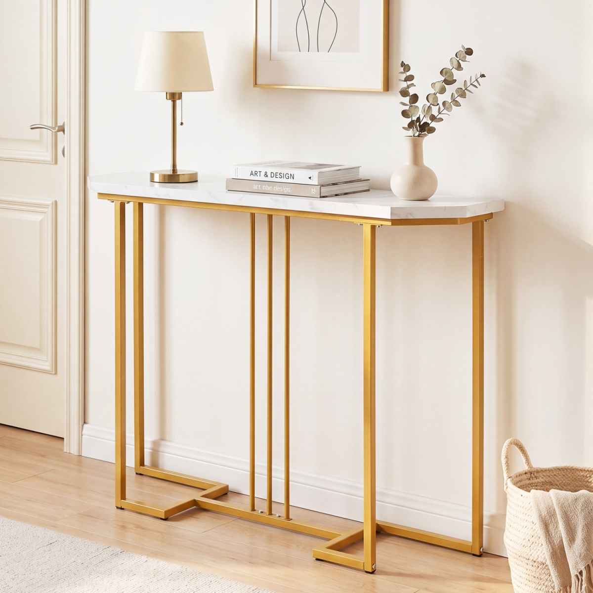 JV14538TY-WH Modern Console Table Narrow Entryway Table with Metal Legs - White
