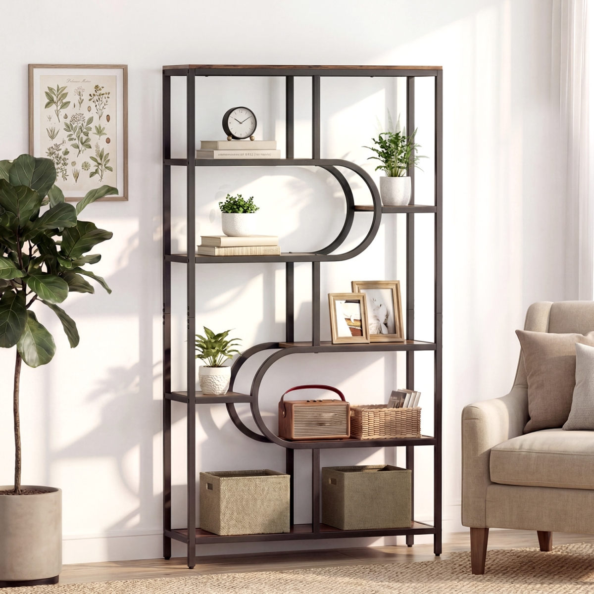 JV13352CF 5-Tier Bookshelf Tall Etagere Bookcase with Open Storage Shelves & U Shape - Rustic Brown