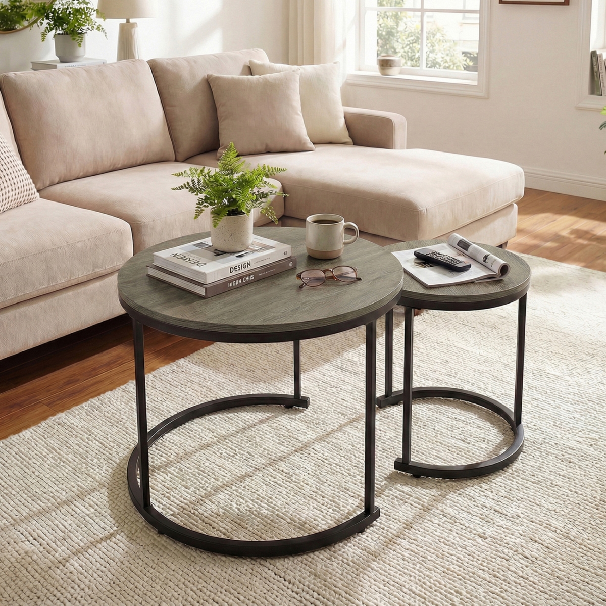 JV13401OA Modern Round Stacking Nesting Coffee Tables - Oak - Set of 2