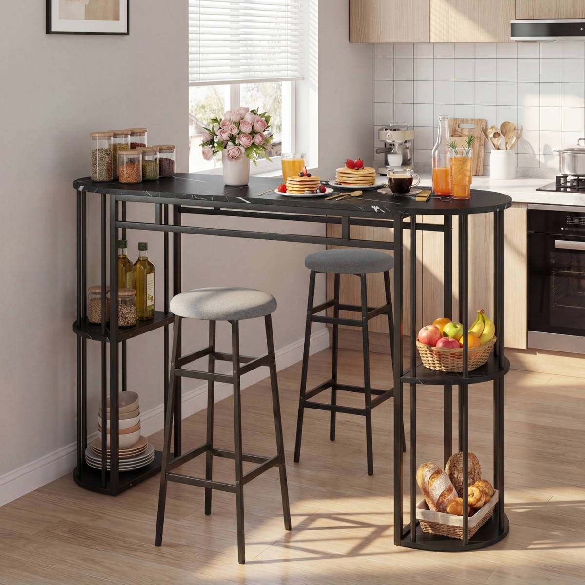 JV13445GR-A-JV13445GR-2 60 in. Dining Table & 2 Upholstered Barstools with Faux Marble Tabletop - Gray