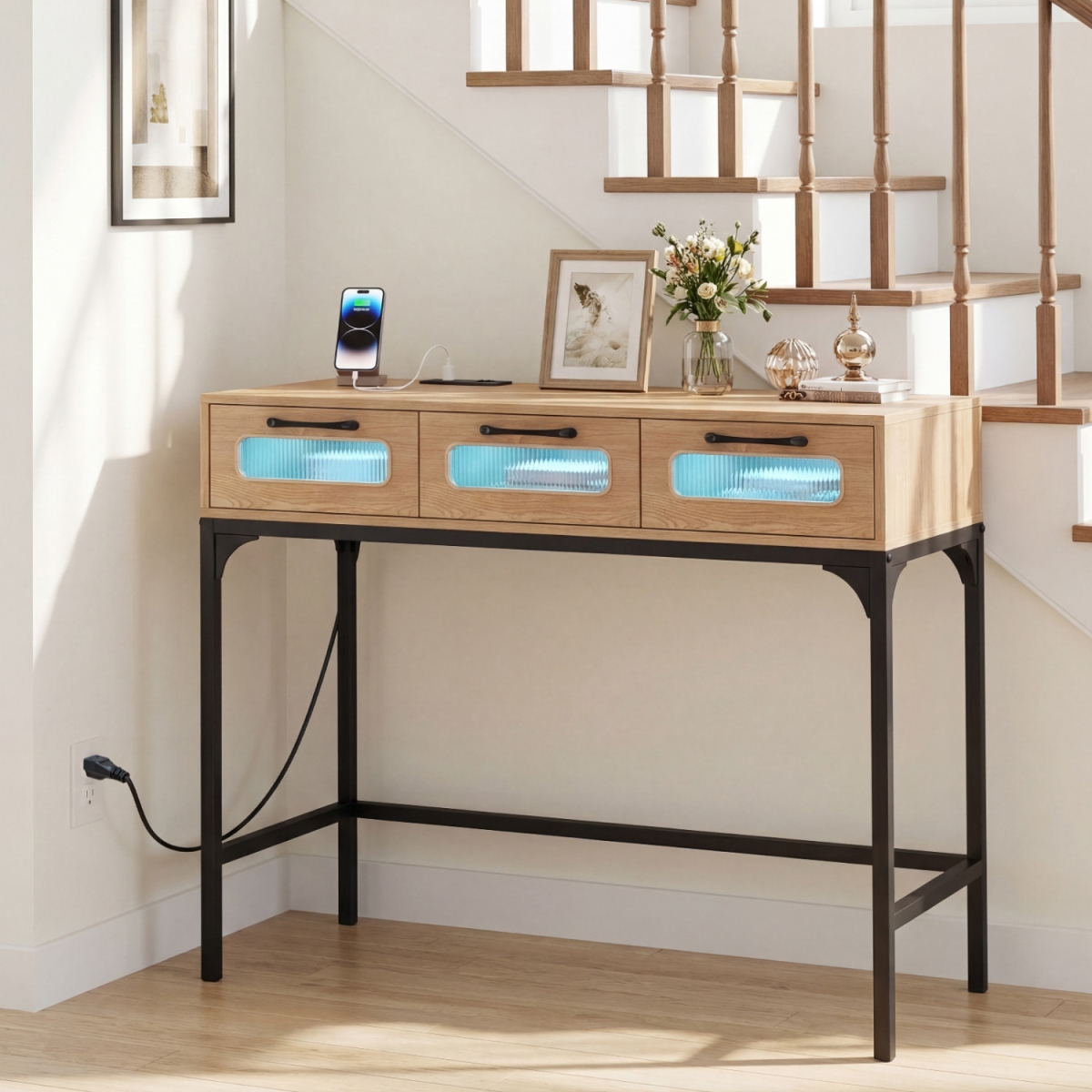 JV13527US-NA Console Table with LED Lighting & Charging Station for Living Room & Hallway - Natural