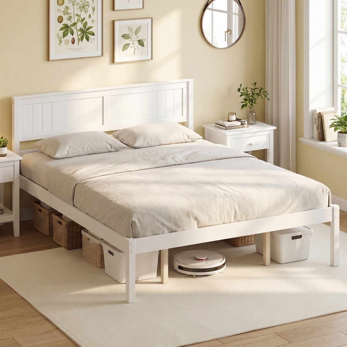 HU10482WH-Q Sturdy Wooden Bed Frame with Headboard & Slat Support - Queen Size