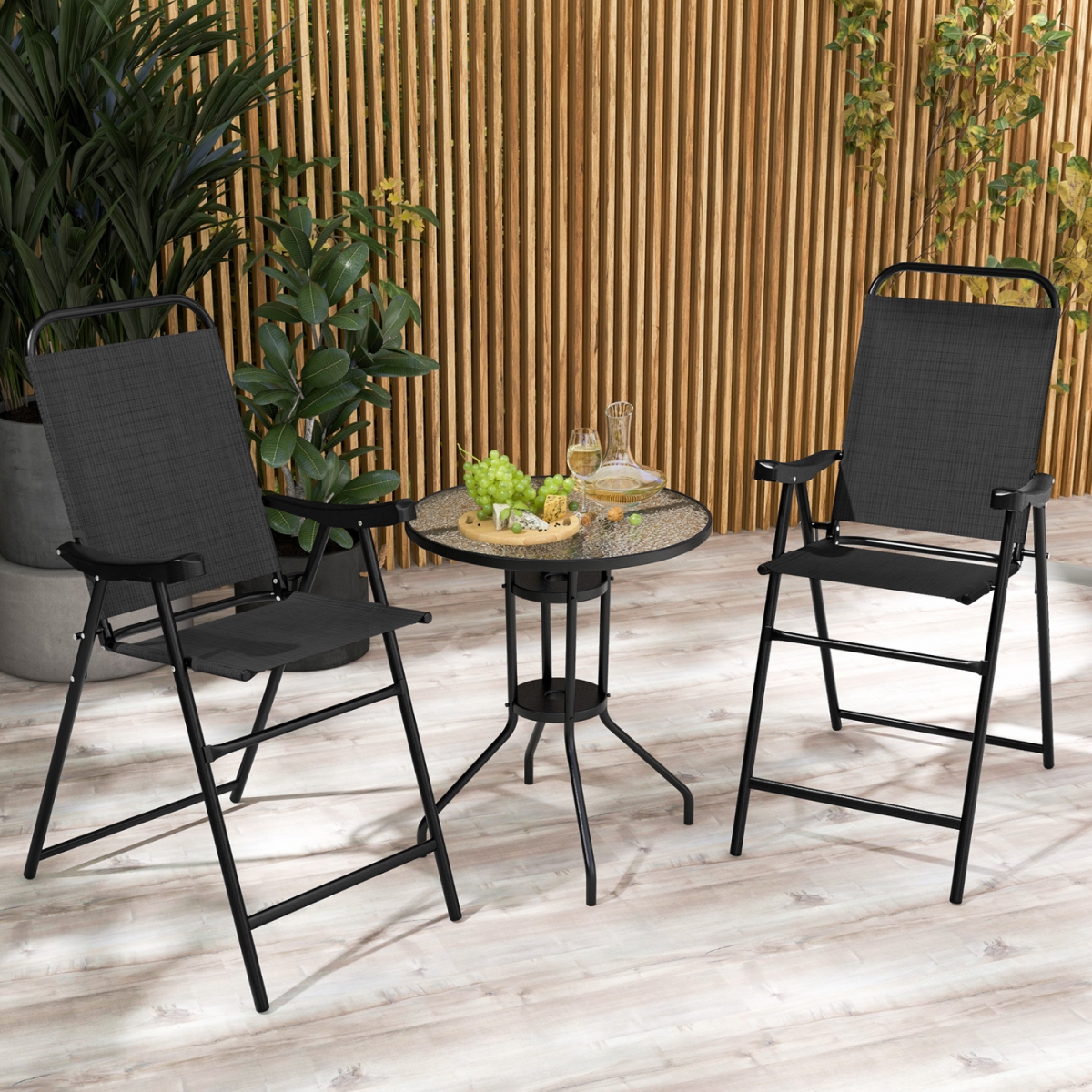 NP11342DK-2 Patio Folding Bar Stool with Metal Frame & Footrest - Black - Set of 2