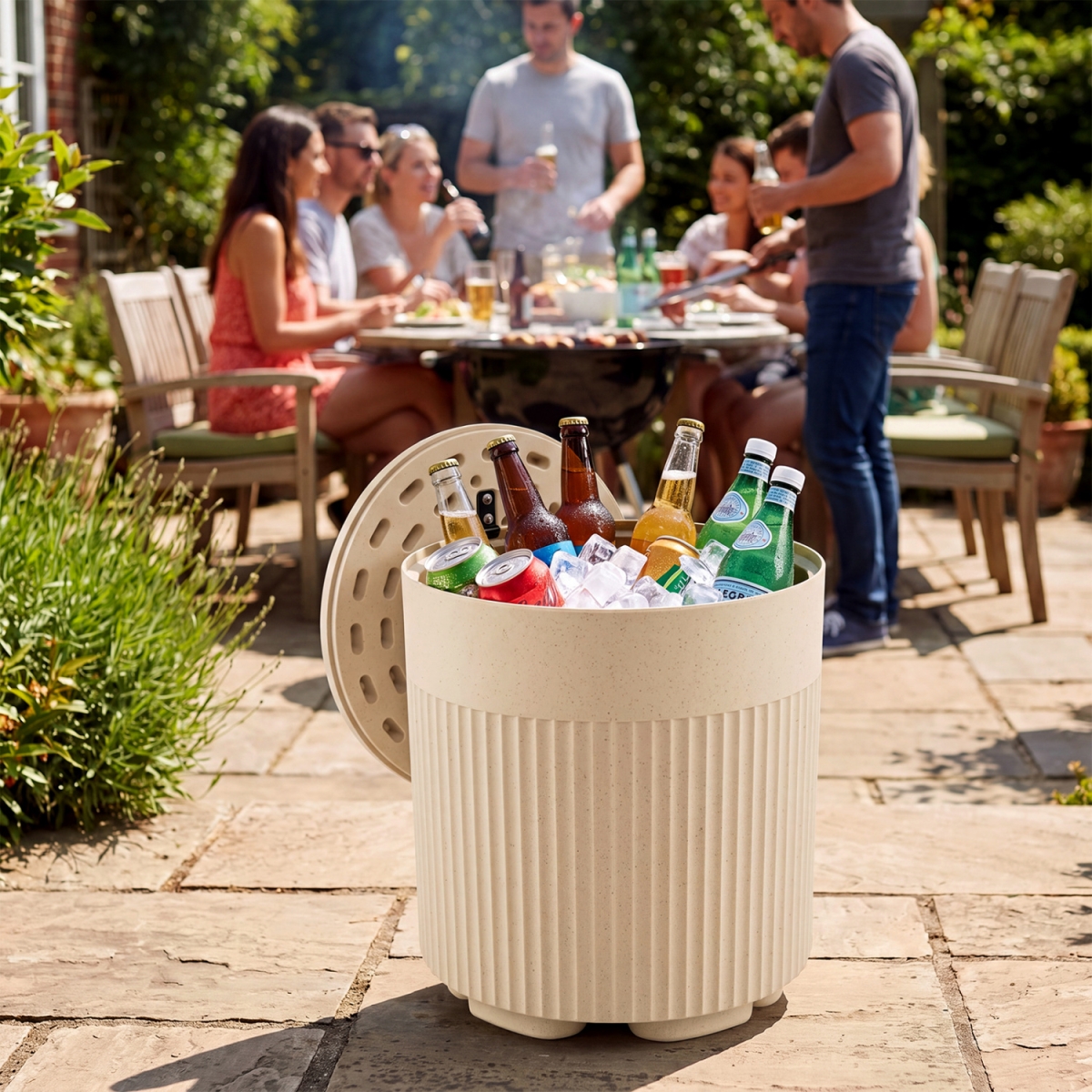 NP13791MW 3-in-1 Outdoor Cooler Side Table with Fluted Design for Deck - Beige