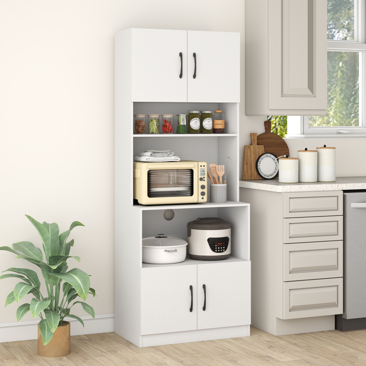JZ10416US-WH 66 in. Kitchen Pantry Cabinet with Charging Station & Adjustable Shelves for Dining Room - White
