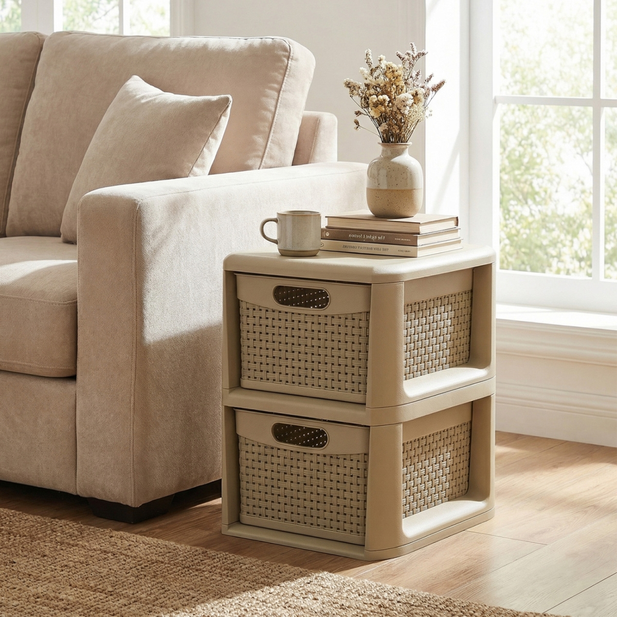 JZ10448BN 2-Drawer Storage Organizer with Wicker Patterns - Brown