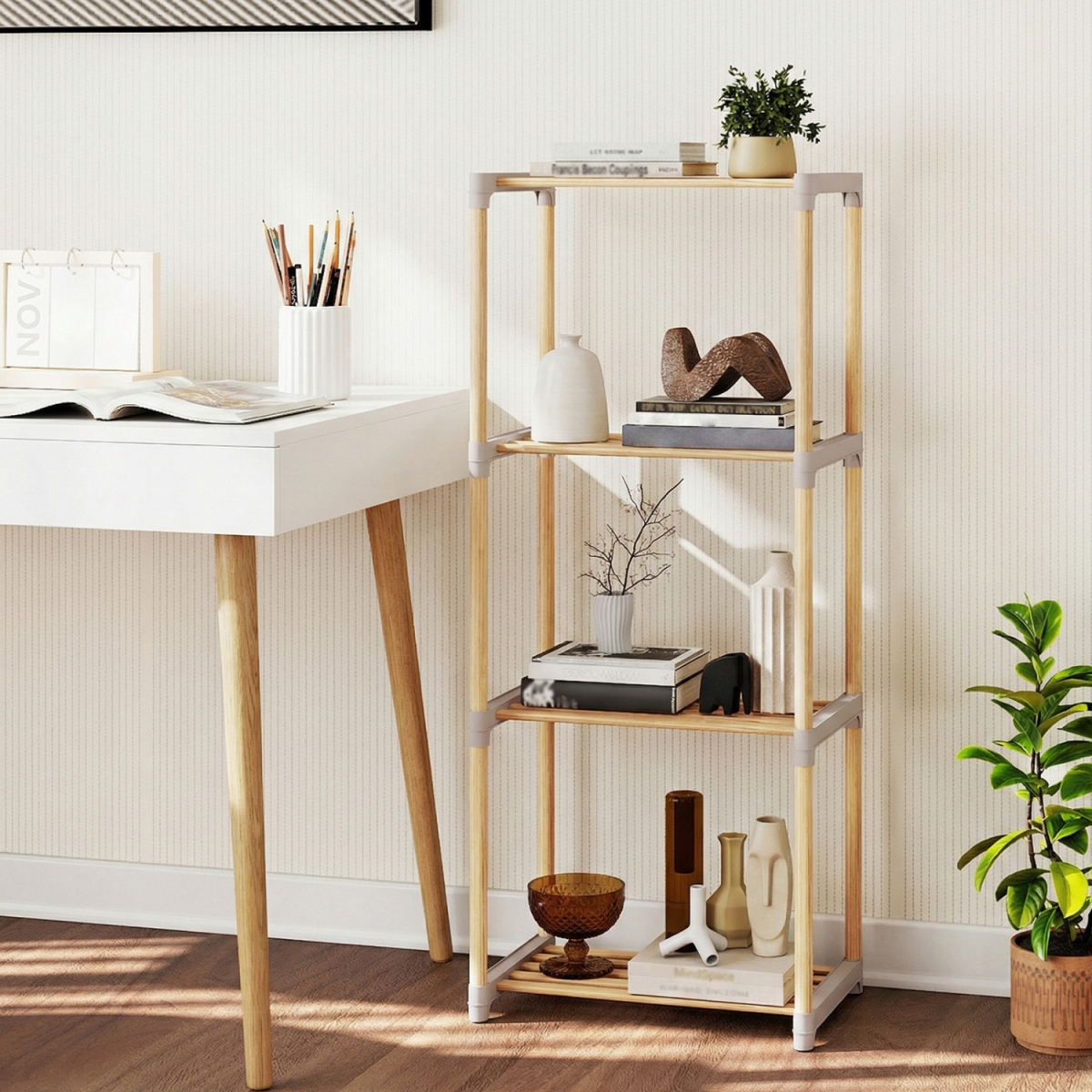 JZ10450GR 4-Tier Bookshelf with Open Shelves for Home Office & Bathroom