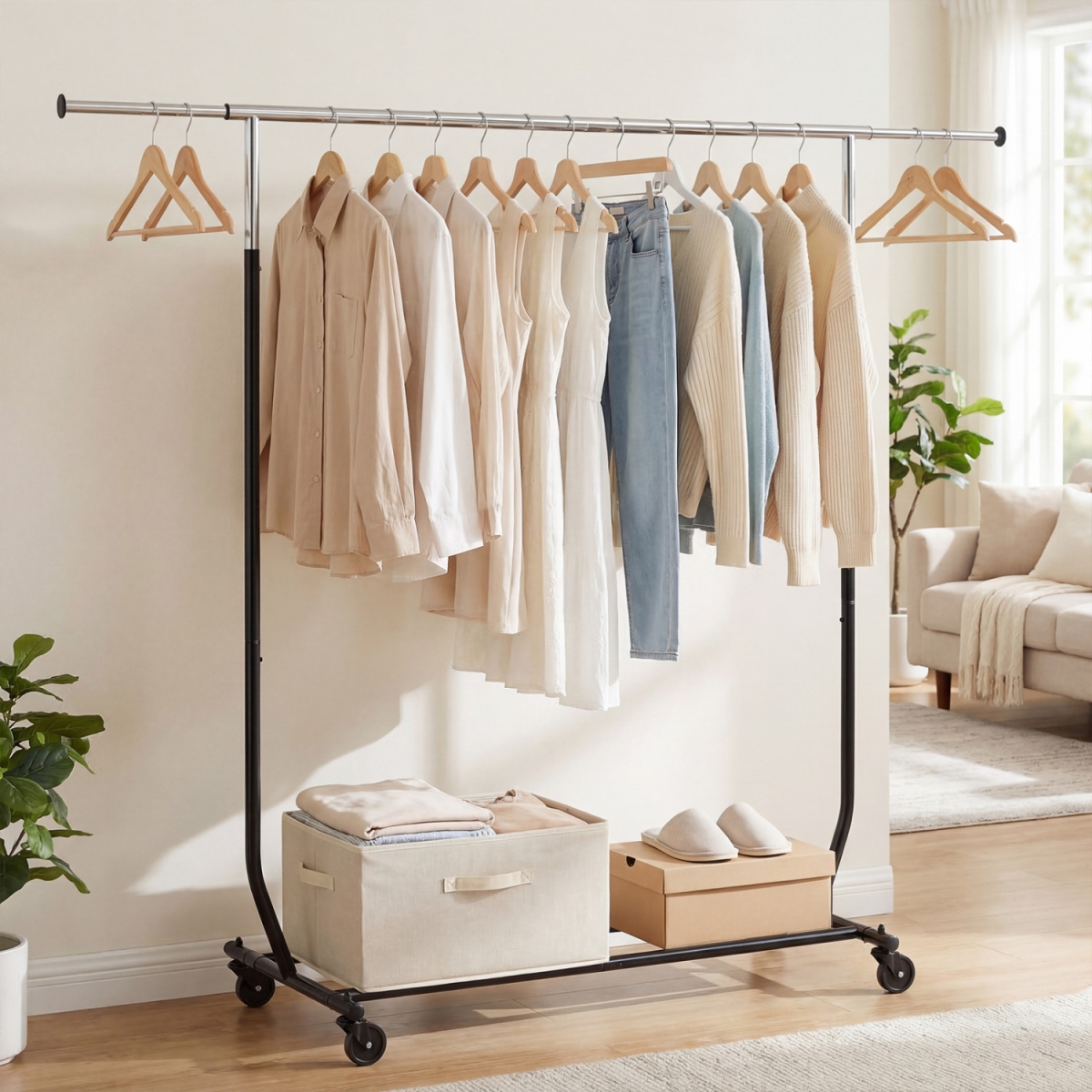 JZ10461 Rolling Clothes Rack Extendable Garment Stand for Hanging Clothes - Black & Silver