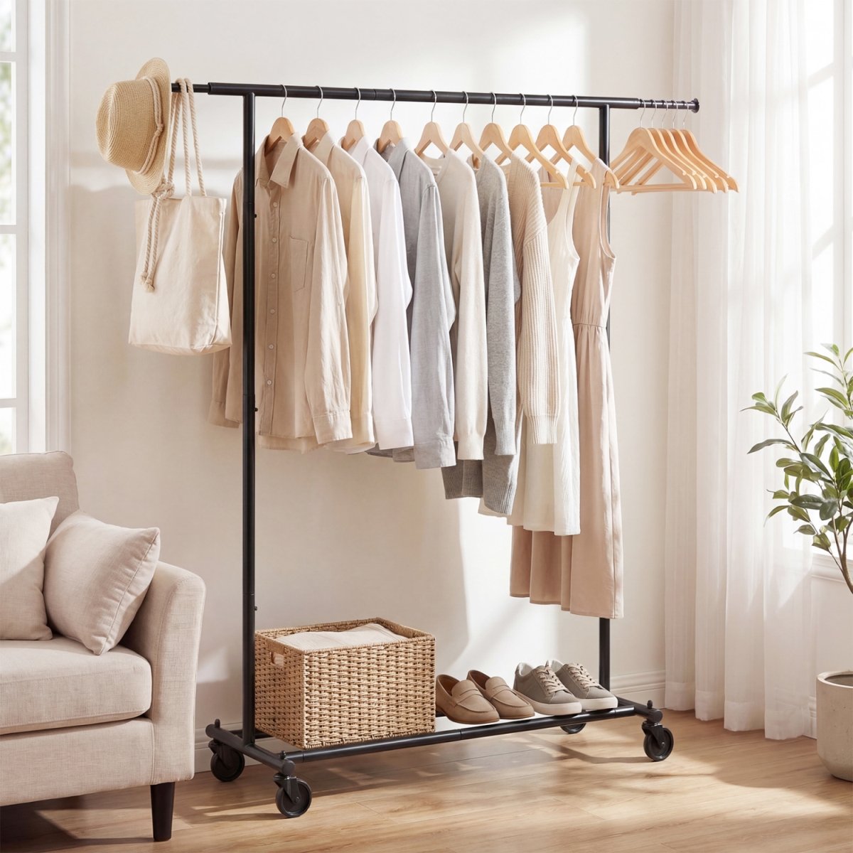 JZ10462 Mobile Garment Rack with Extendable Rods Heavy-Duty Metal Clothes Stand on Wheels - Black