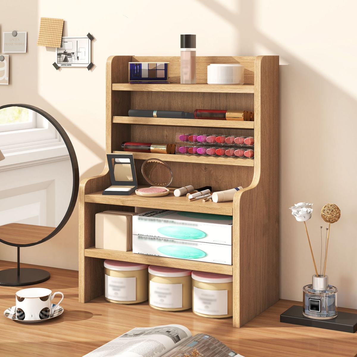 JZ10509NA Desktop Organizer 6-Tier Mini Storage Rack with 2 Removable Shelves - Natural