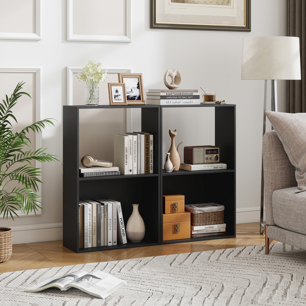 JZ10537BK-2 3-Tier Bookshelf with Open Storage Compartment & Freestanding Display Shelf - Black - Set of 2