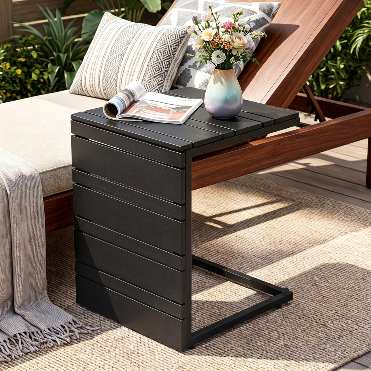 NP13910DK-1 Space-Saving C-Shaped Side Table with Wood-Plastic Top for Indoor Outdoor - Black