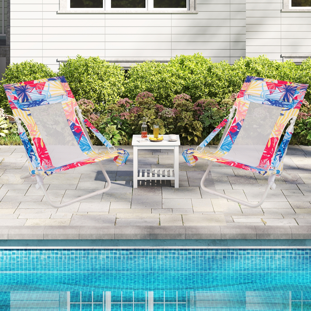 NP12547PI-2 Folding Low Beach Chair Patio Sling Chairs with Padded Head Pillow - Pink - Set of 2