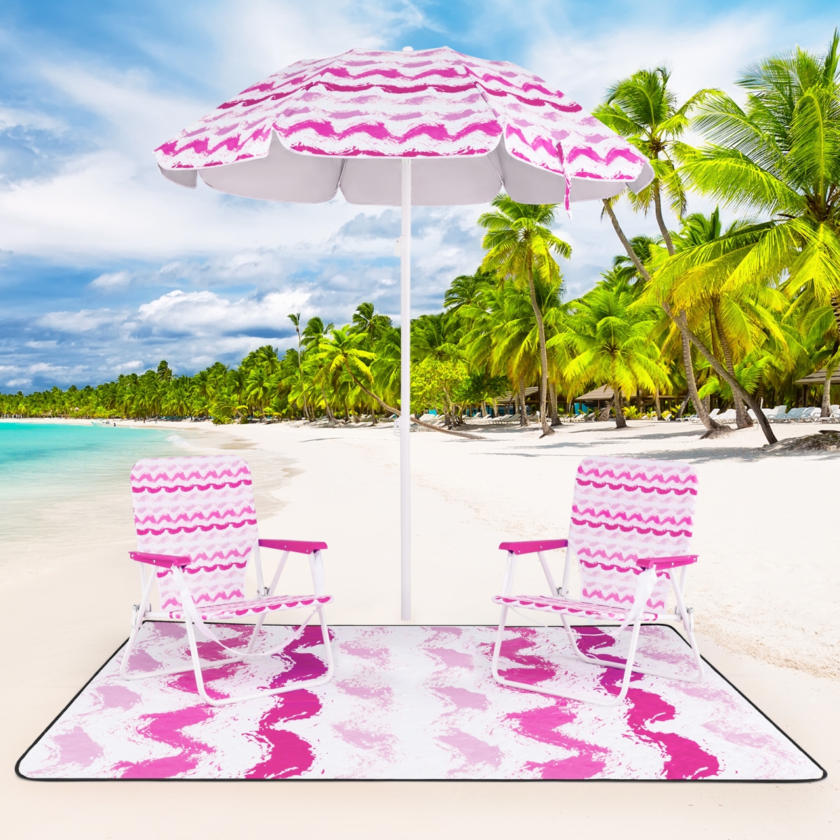 NP12549PI Beach Umbrella Set with 2 Foldable Chairs & Picnic Blanket - Pink - 4 Piece