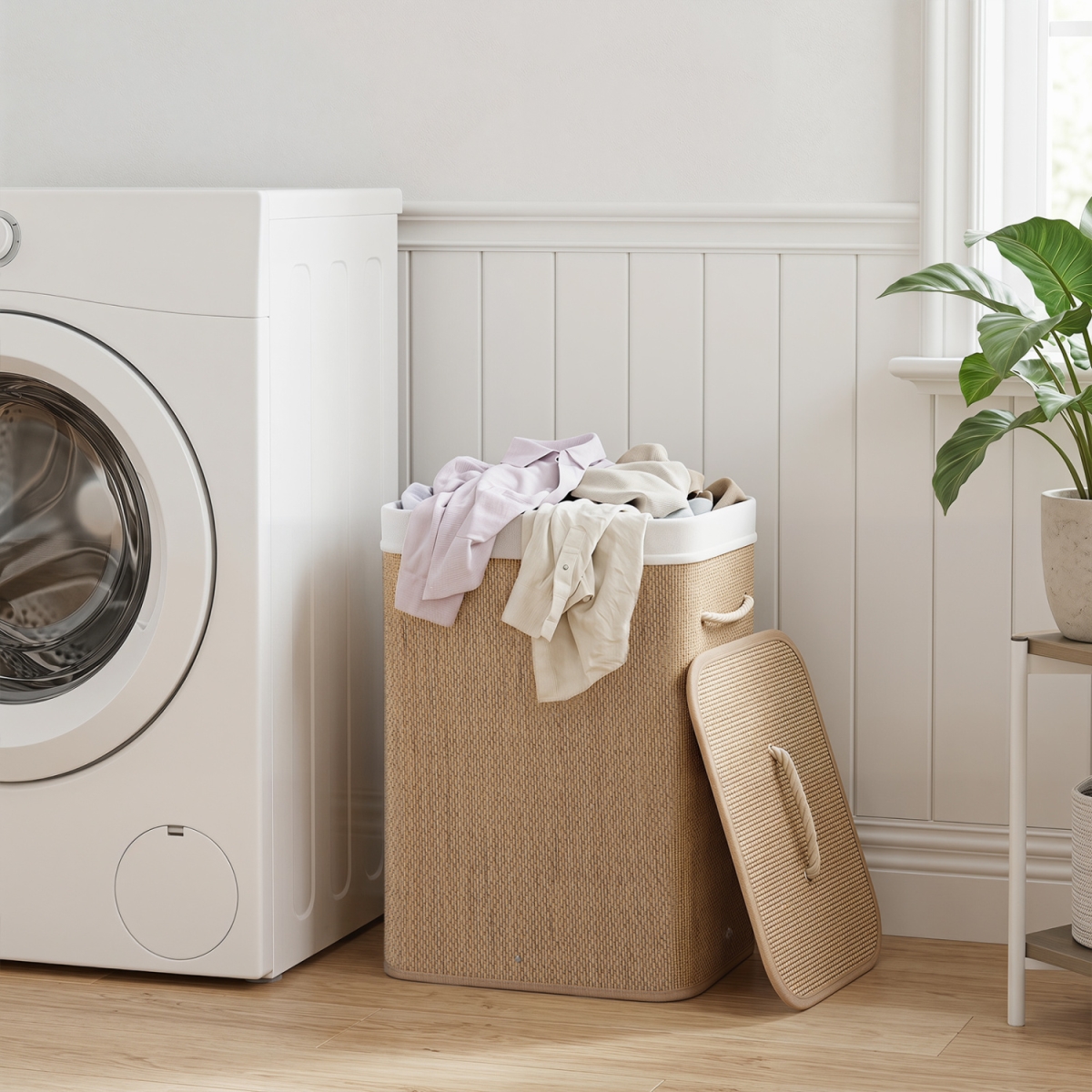 JZ10540NA 19 gal Capacity Bamboo Clothes Hamper with Removable Liner & Portable Handles - Natural