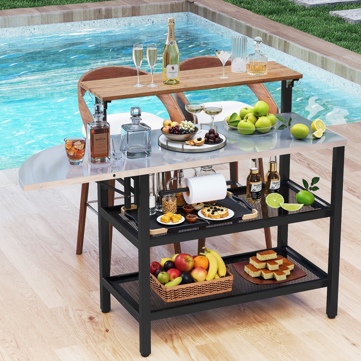 NP12290 Camping Outdoor Foldable Grill Table with Flip-Up Top & 2 Storage Shelves for Backyard Garden