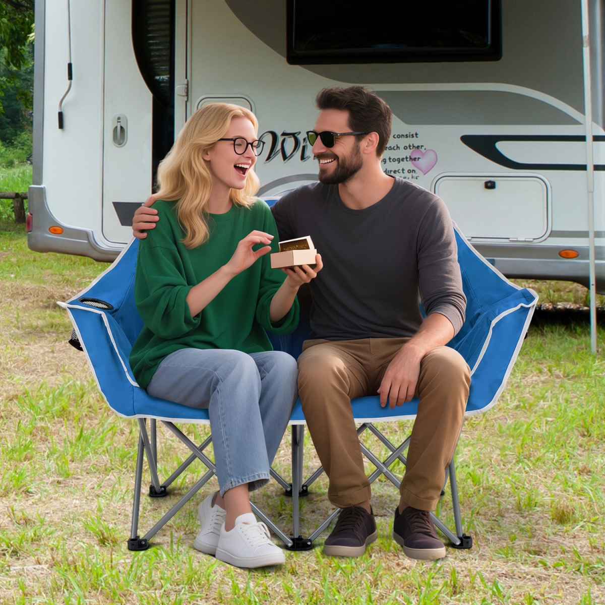 NP12370BL Duo Camping Chair Portable Oversized Loveseat with Armrests & Cup Holders - Blue