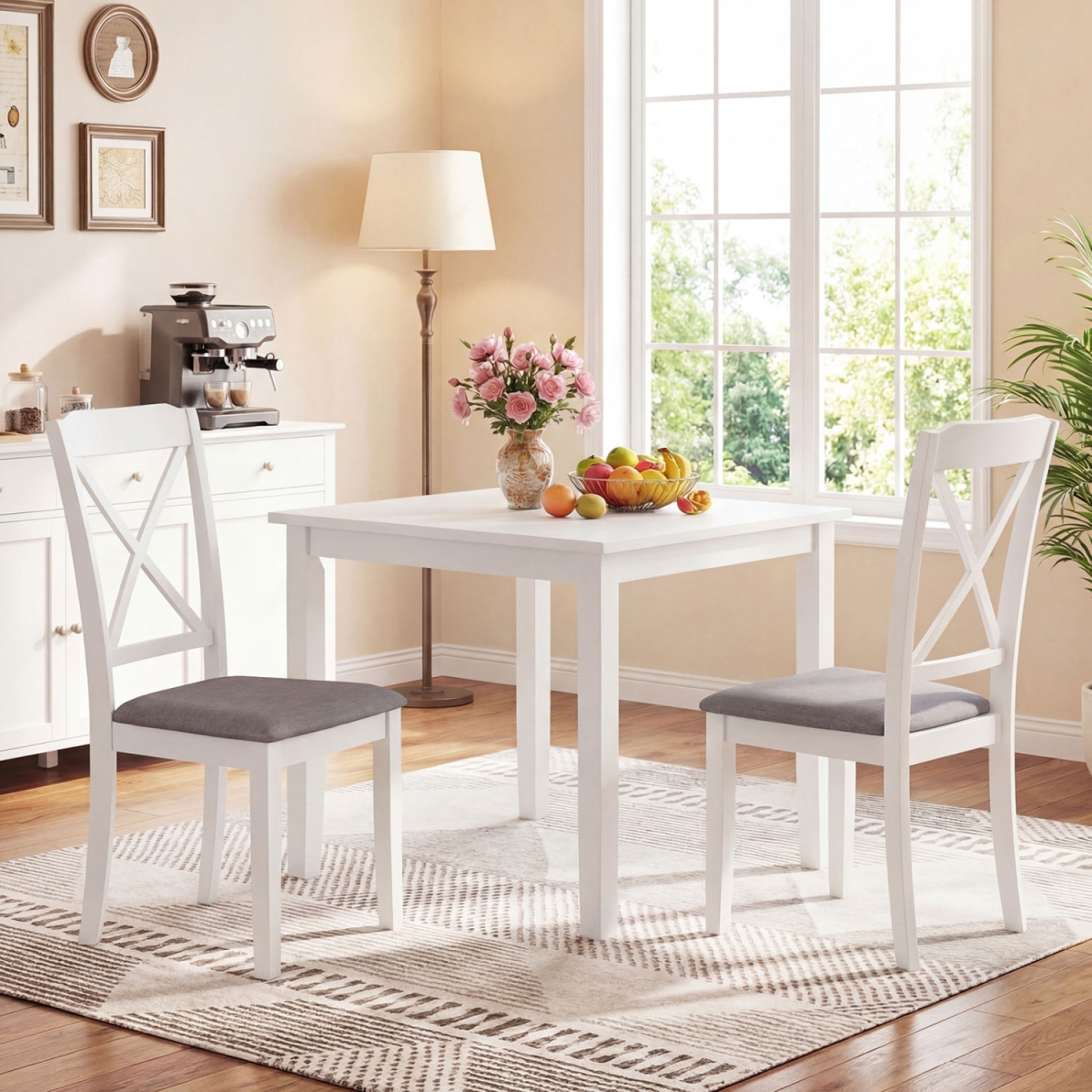 KC59369WH-2 Dining Chairs Rubber Wood Dining Room Chairs with Comfortable Backrest & Padded Seat - White - Set of 2
