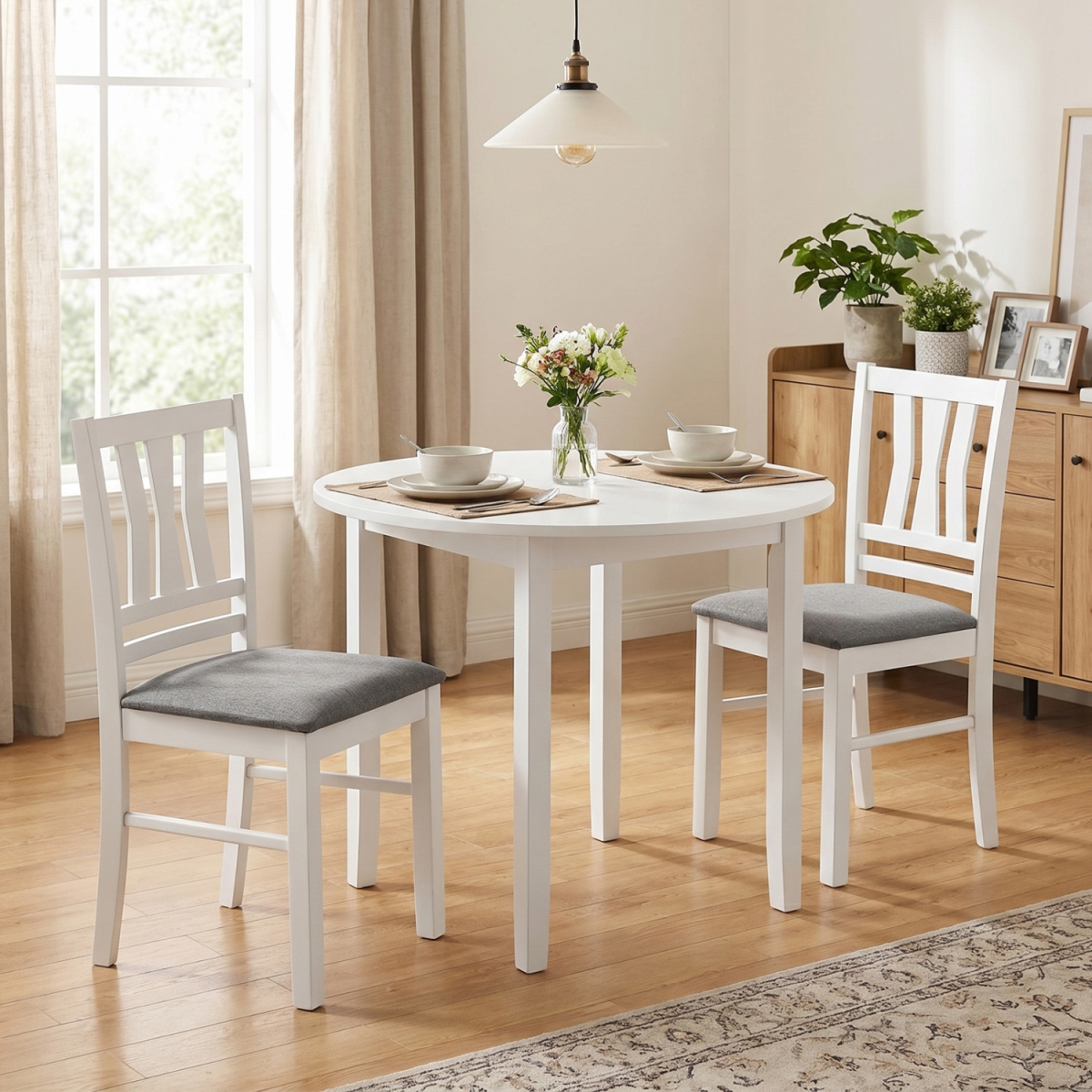 KC59571WH-2 Linen Style Upholstered Kitchen Chairs with Wood Frames - White - Set of 2