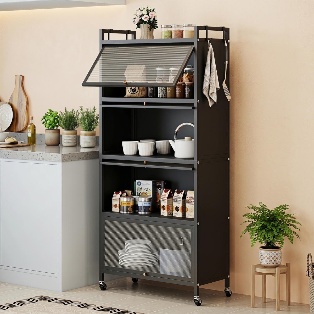 KC59681DK 5-Tier Kitchen Storage Cabinet with 4 Flip-Up PC Doors Adjustable Feet & Rolling Wheels - Black