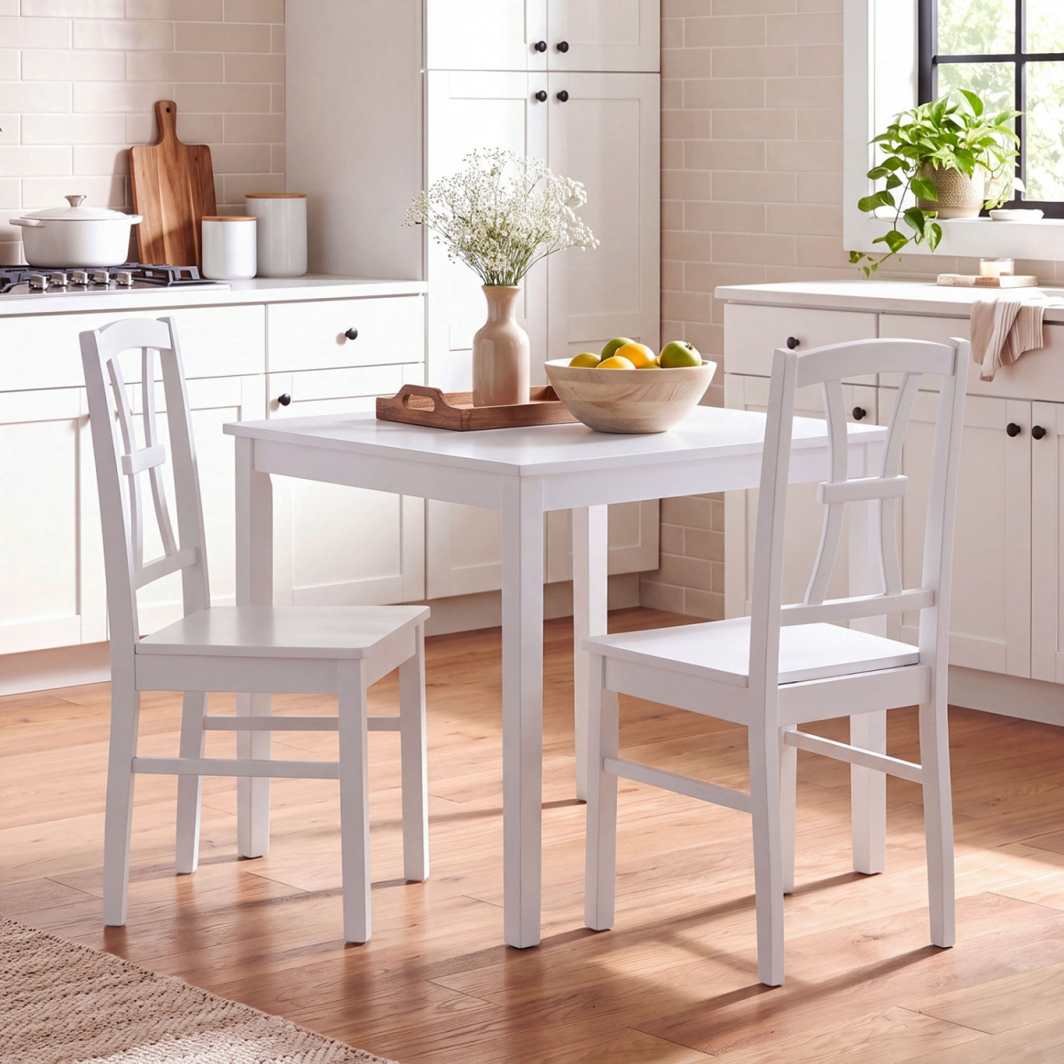 KC59769WH-2 400 lbs Capacity Dining Chair with Cross Backrest & Rubber Wood Frame - White - Set of 2
