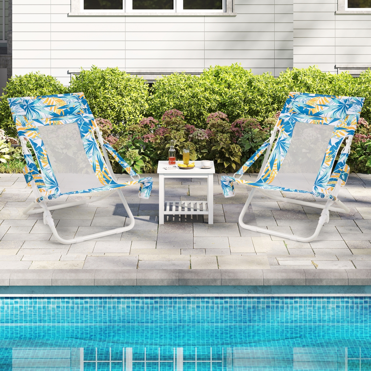 NP12547BL-2 Folding Low Beach Chair Patio Sling Chairs with Padded Head Pillow - Blue - Set of 2