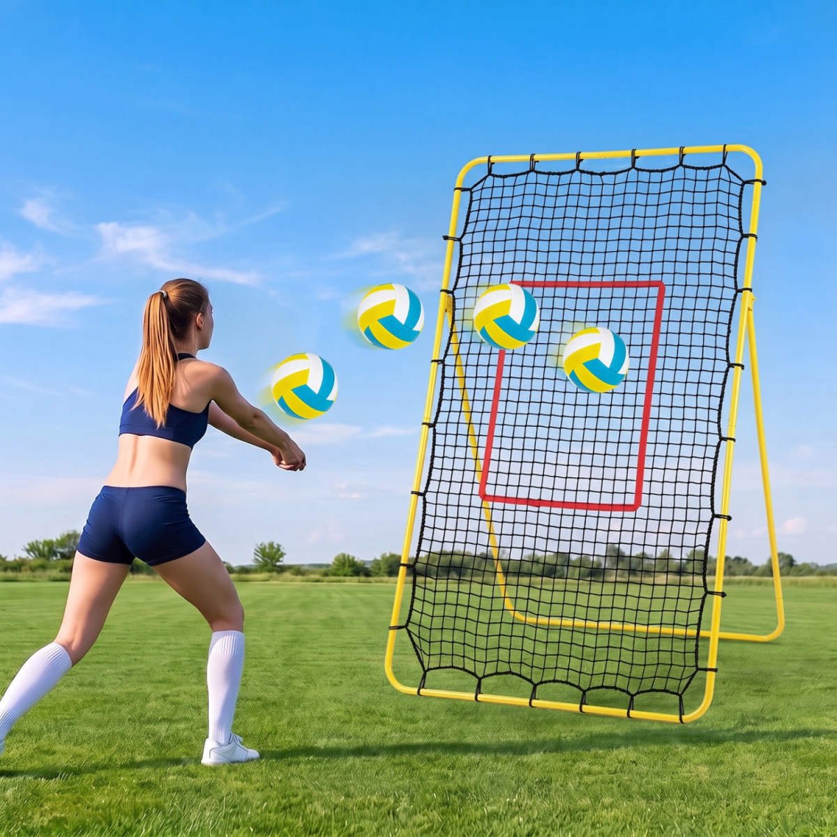 SP38982 Volleyball Rebounder Net with 4 Adjustable Angles for Bumping & Spiking - Yellow, Red & Black