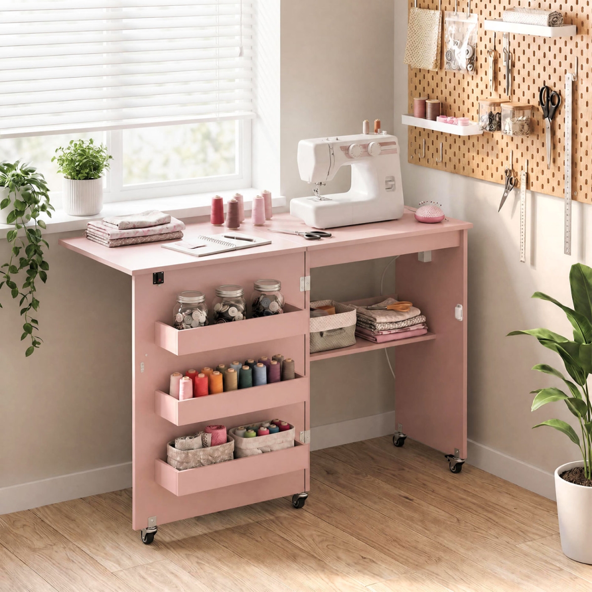 HW73607US-PI Sewing Machine Table with Charging Station & Lockable Casters - Pink