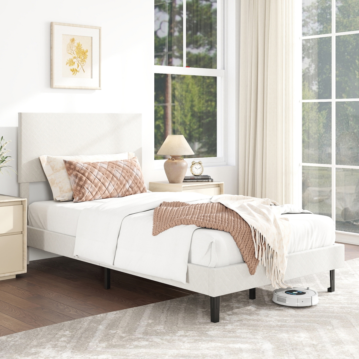 HU11098US-TBE Velvet Upholstered Platform Bed Frame with Chevron Headboard - Beige - Twin Size